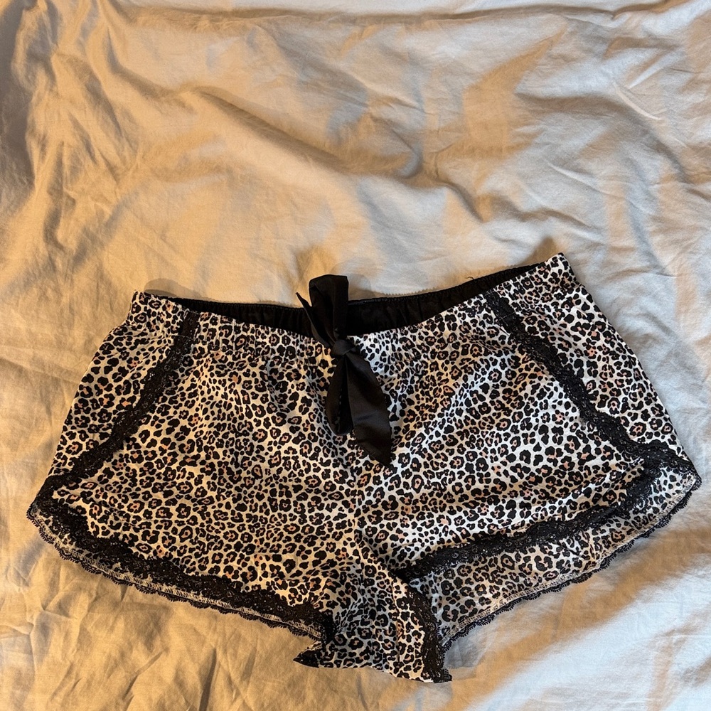 Victoria's Secret Leopard Print Satin Lounge Shorts in Black and Tan